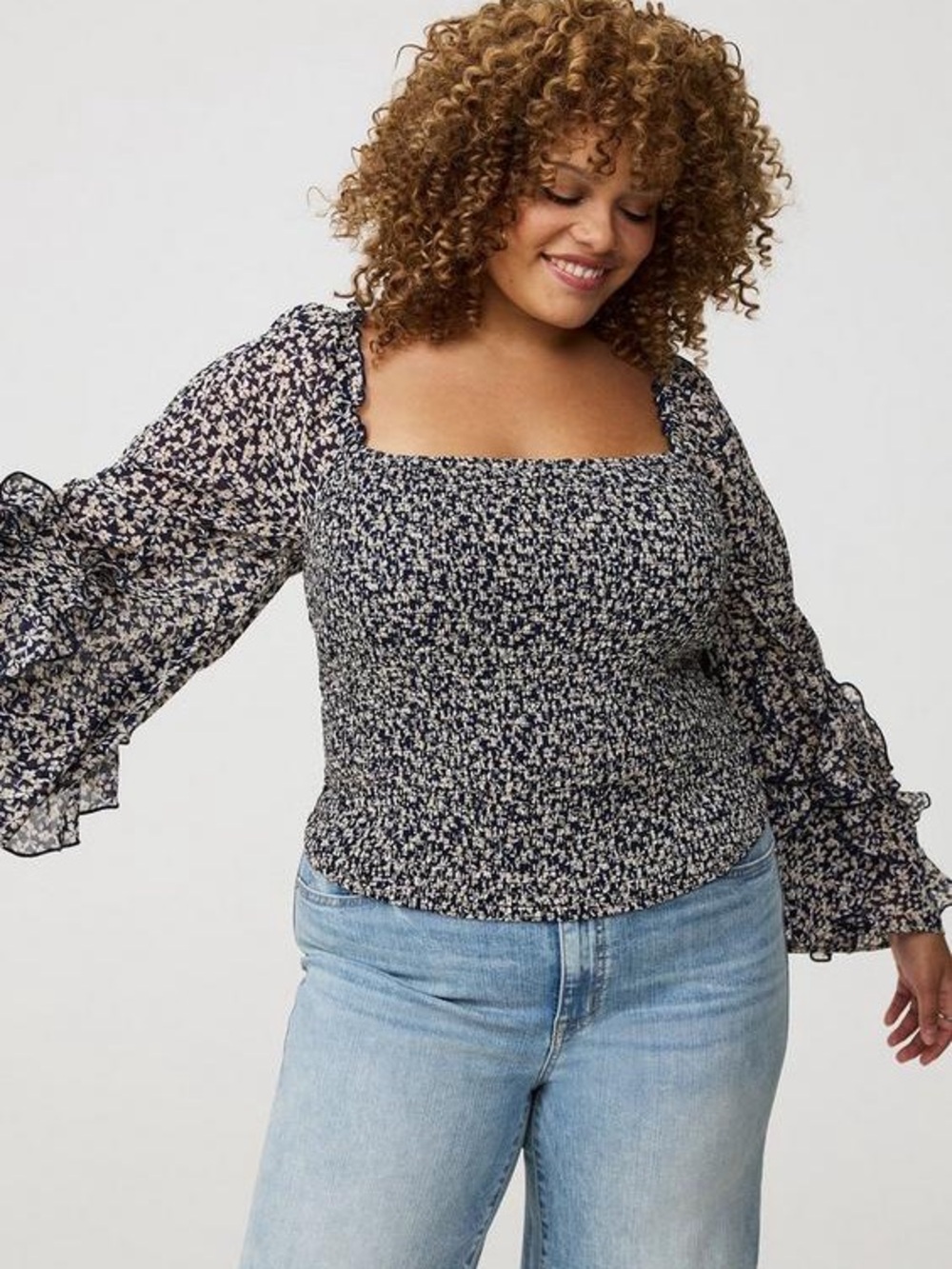 torrid Navy Floral Smocked size 1x Square-Neck Blouse boho Ruffle